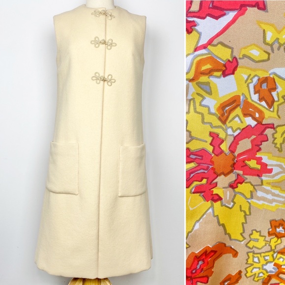 Vintage Jackets & Blazers - Vtg 60s cream longline vest with vibrant lining
